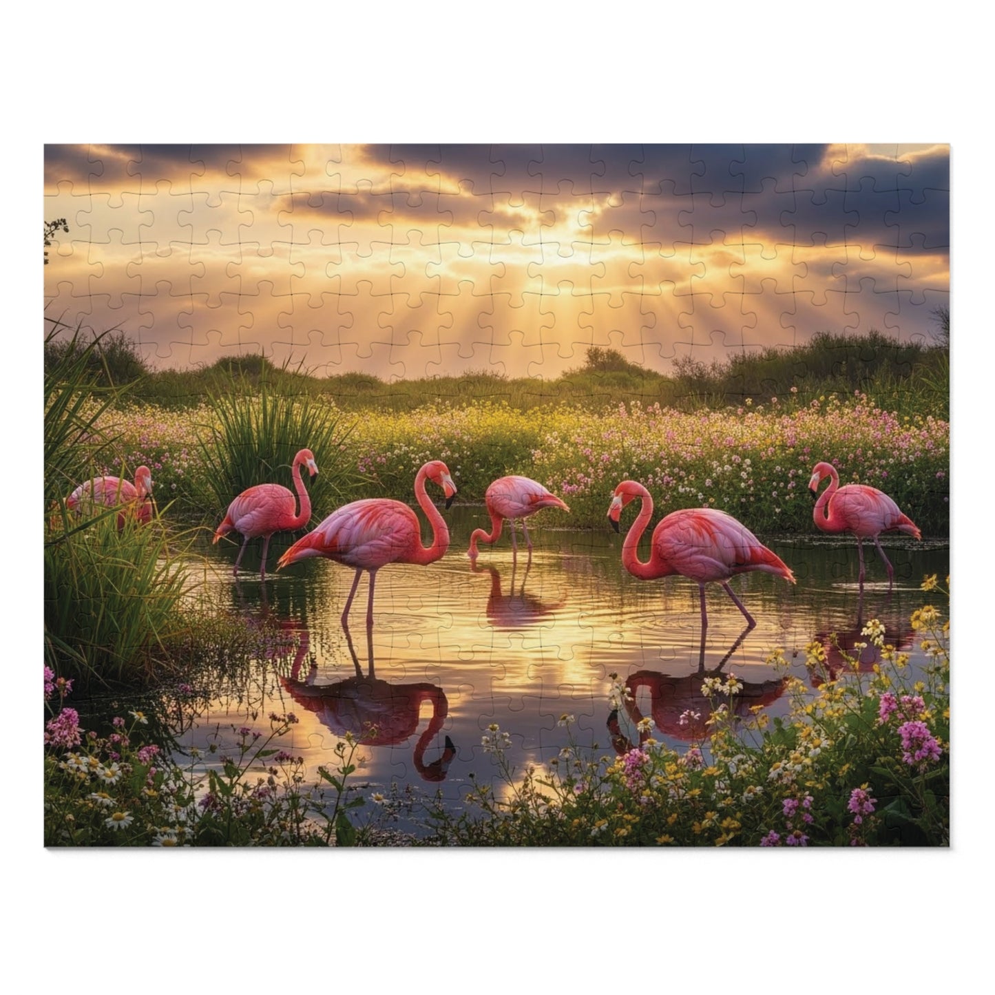 Flamingo Sunset Paradise Jigsaw Puzzle | Serene Nature Wildlife Scene at Golden Hour