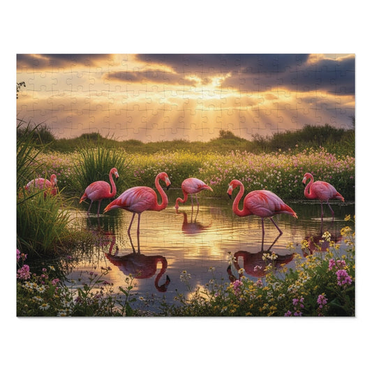 Flamingo Sunset Paradise Jigsaw Puzzle | Serene Nature Wildlife Scene at Golden Hour