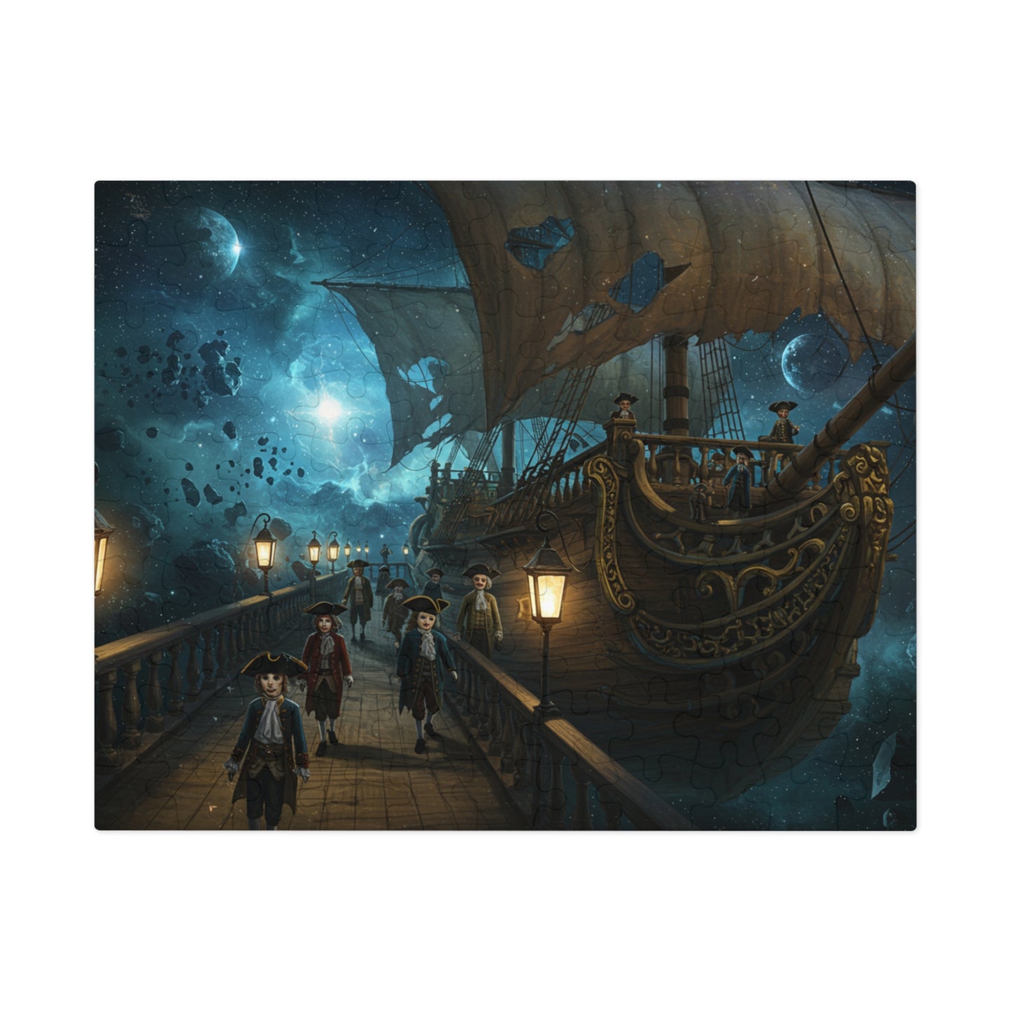 Fantasy Night Ship Jigsaw Puzzle Moonlit Sky and Lantern Deck Scene