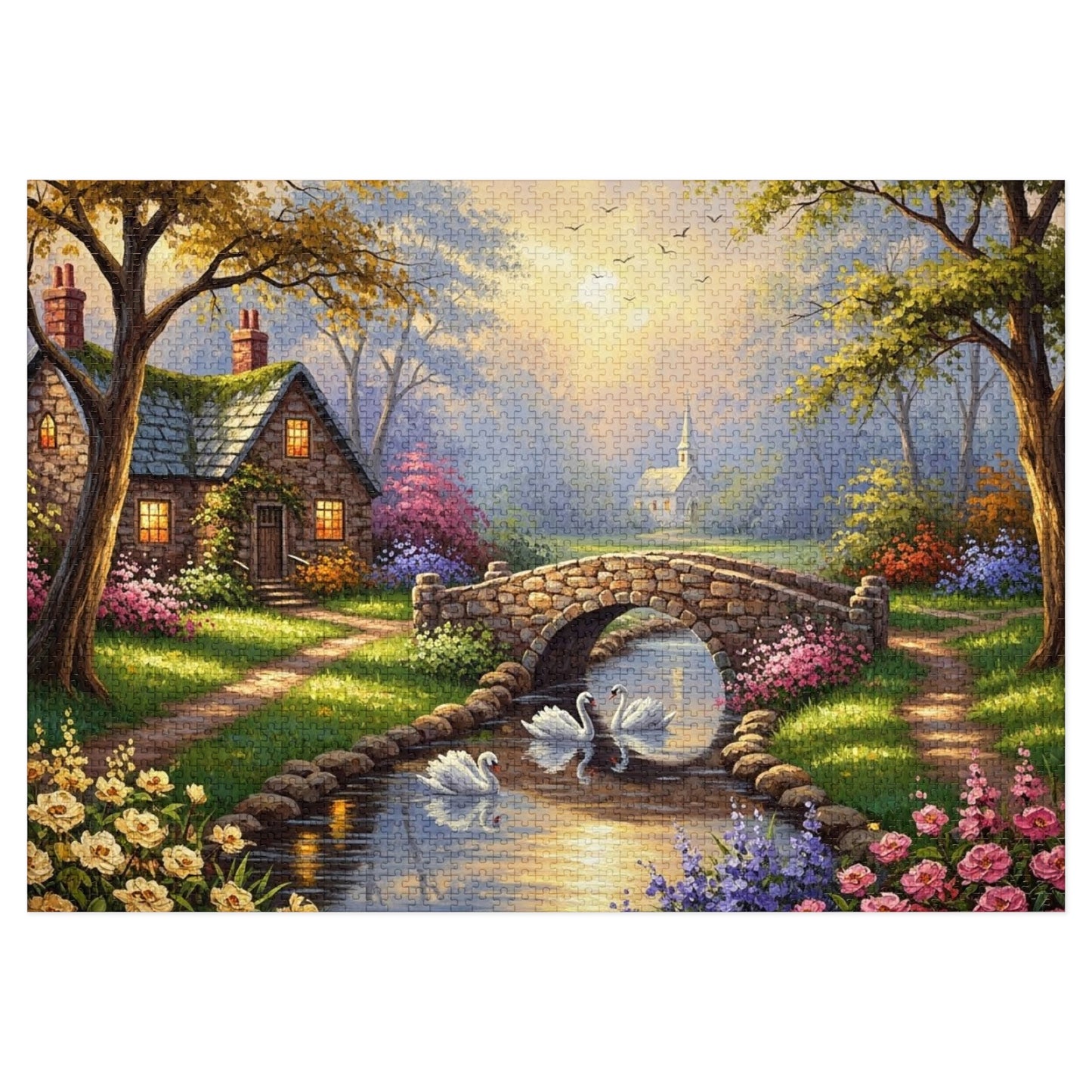 Spring Swan Bridge Cottage Puzzle | Flower Garden, Stone Bridge, Peaceful Countryside Scene
