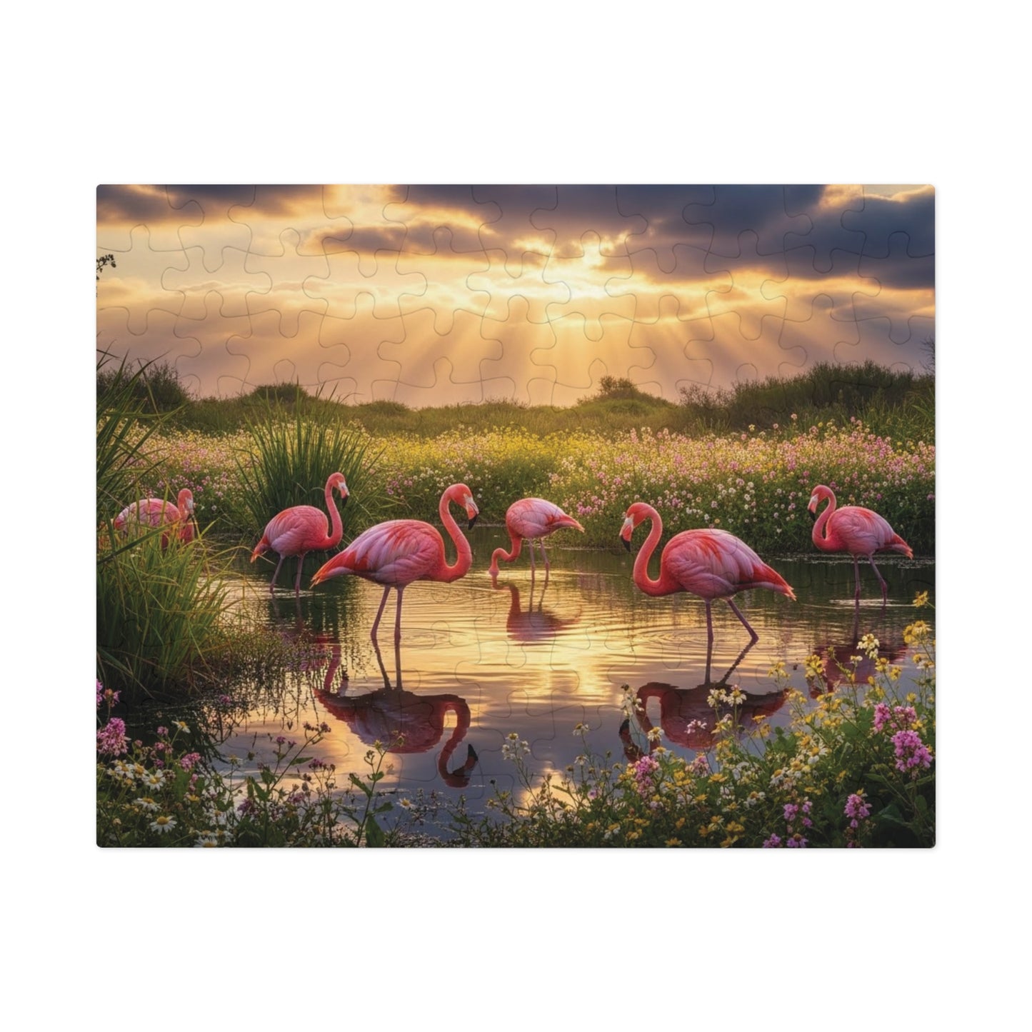 Flamingo Sunset Paradise Jigsaw Puzzle | Serene Nature Wildlife Scene at Golden Hour