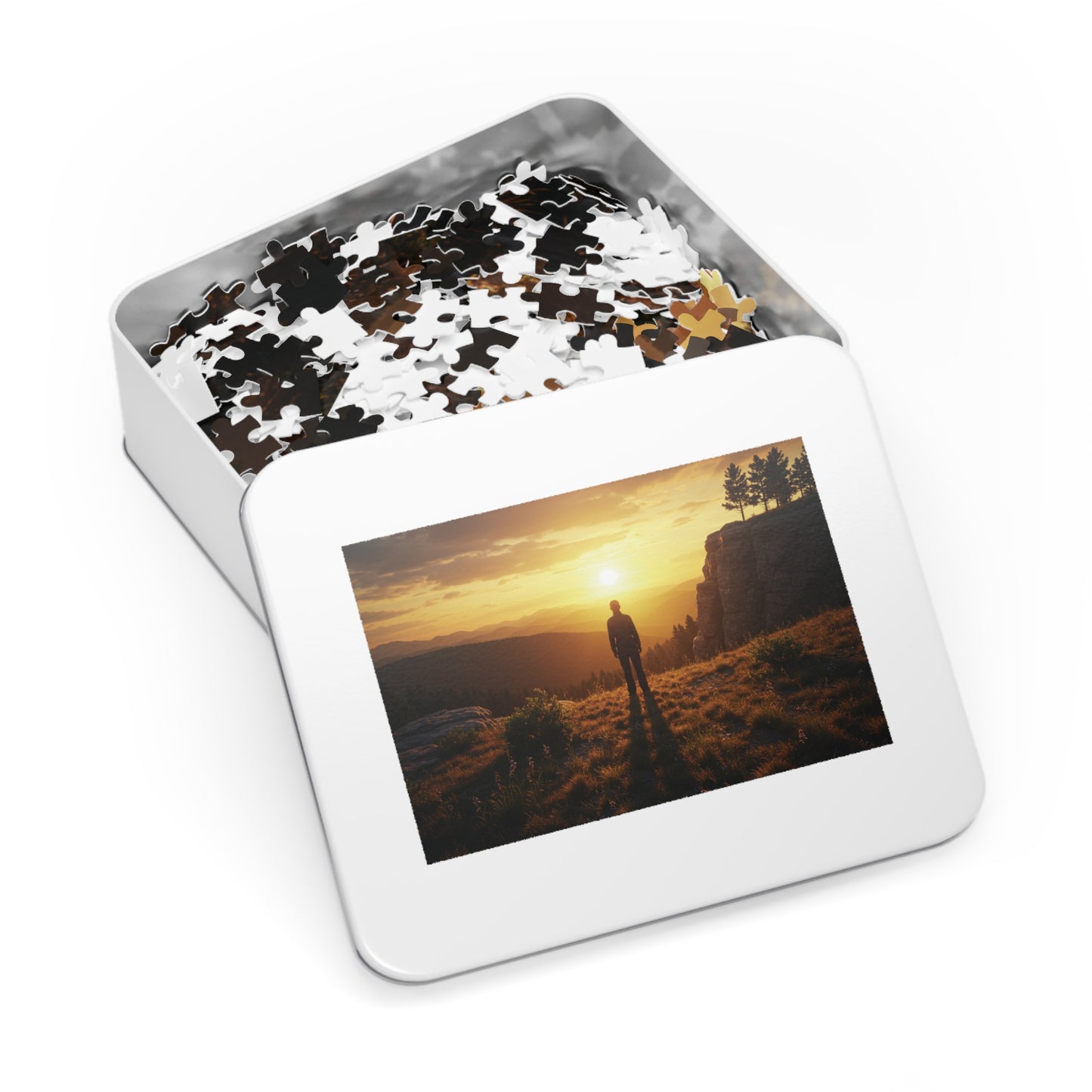 252, 500, 1000, 2000 Jigsaw Puzzle| Golden Hour Reflection | Sunset Overlook | Solitary Figure in Nature | Mountain Ridge Glow Jigsaw Puzzle | Scenic Jigsaw Puzzle with Vintage Tin