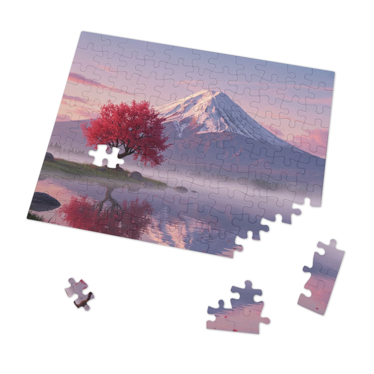 110, 252, 500, 1000, 2000 Cherry Blossom Tree by Mt. Fuji, Sakura Tree & Snowy Mountain Puzzle, Peaceful Pink Tree & Misty Lake Puzzle, Mount Fuji at Sunrise Puzzle, Calm Mountain Morning Puzzle