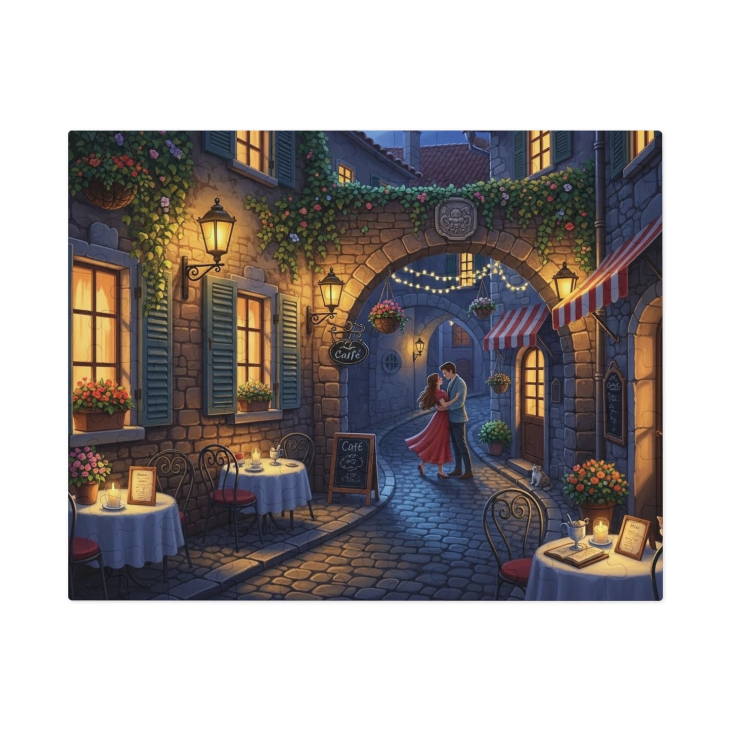 Romantic Café Alley Jigsaw Puzzle | Cozy European Evening Scene