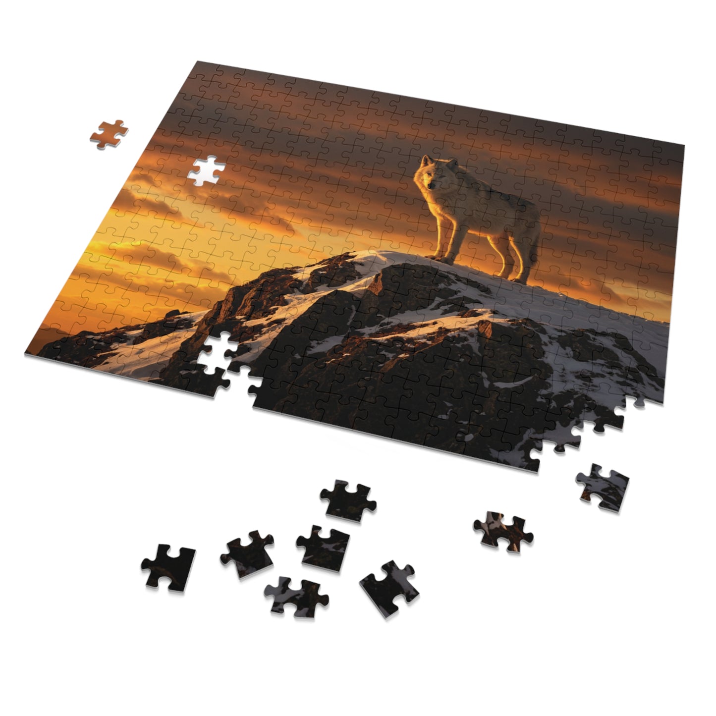 110, 252, 500, 1000, 5000 Wolf Mountain Jigsaw Puzzle with Tin, Lone Wolf at Sunset, Wild Wolf on Snowy Peak, Sunset Wolf Puzzle, Arctic Wolf on Rocky Summit, Wolf in the Wilderness