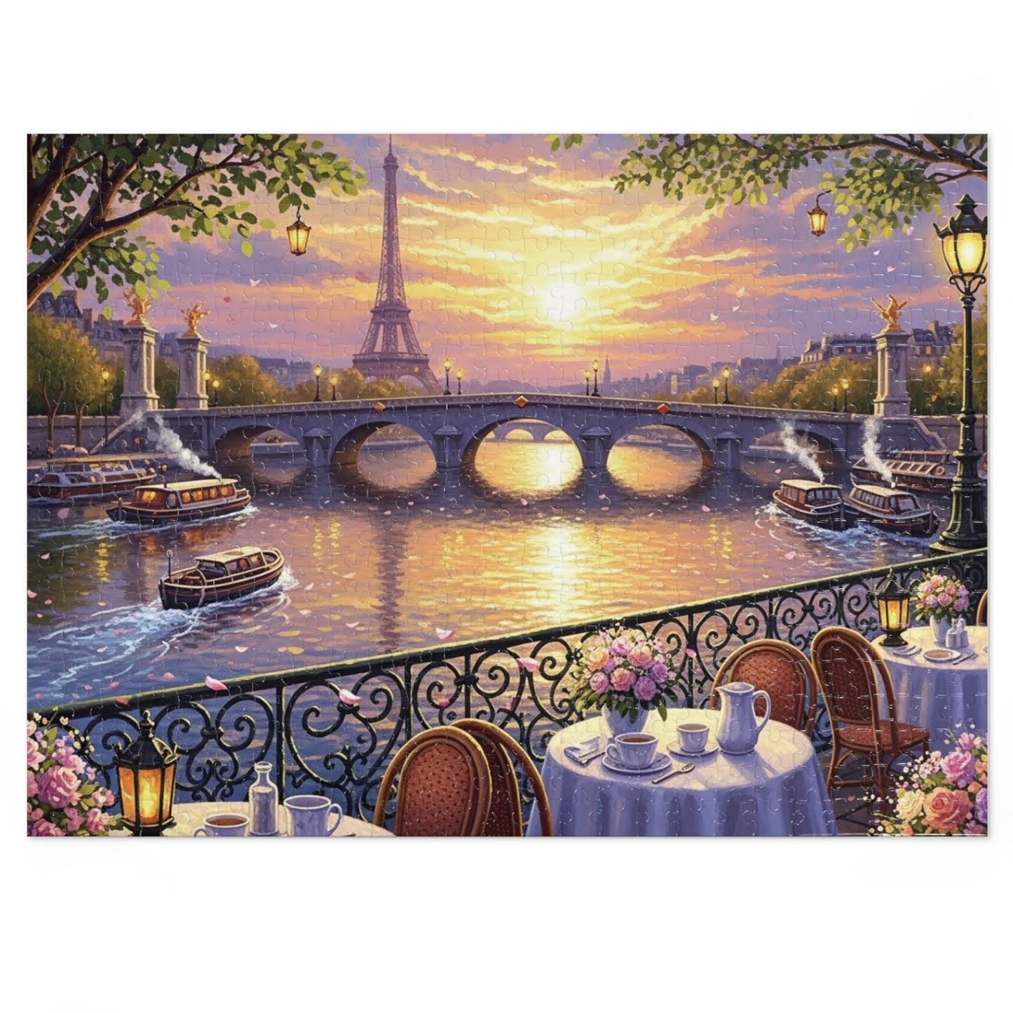 Eiffel Tower Sunset Over the Seine Puzzle | Paris Café Terrace Artwork