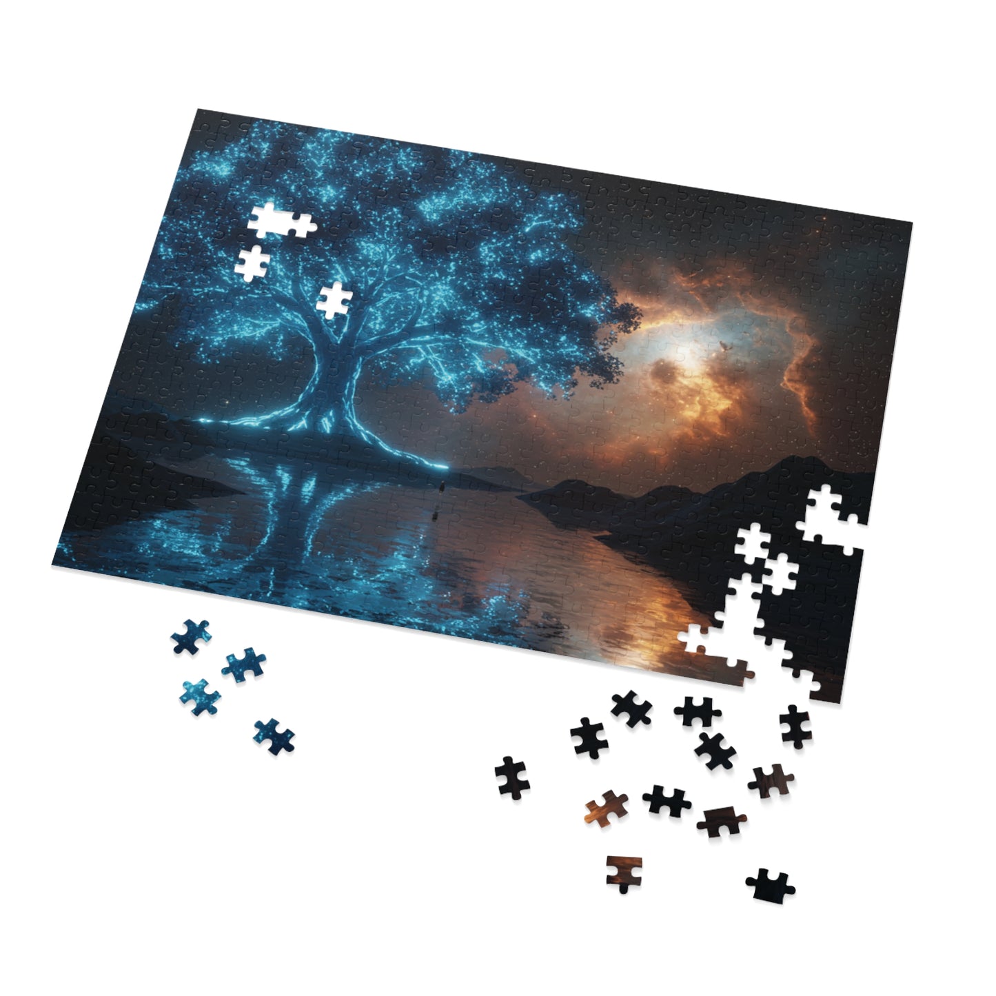 110, 252, 500, 1000, 2000 | Mystical Tree Jigsaw Puzzle with Tin, Enchanting Atmosphere, Celestial Tree of Light Puzzle – Cosmic Fantasy Glow Art