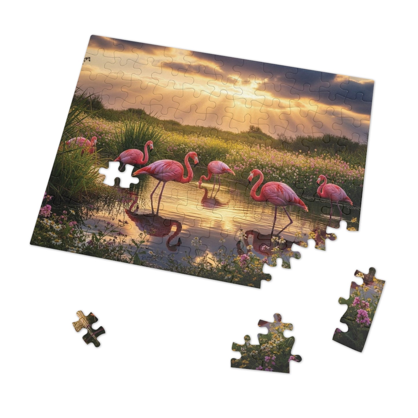 Flamingo Sunset Paradise Jigsaw Puzzle | Serene Nature Wildlife Scene at Golden Hour