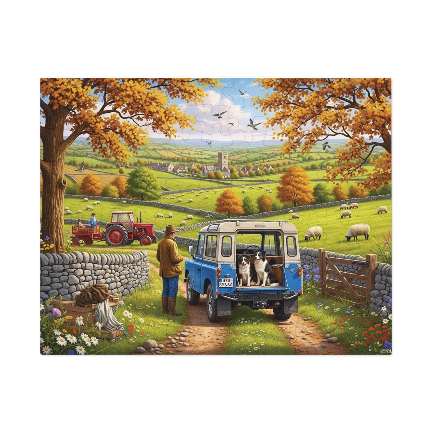 Autumn Countryside Farm Jigsaw Puzzle with Dogs, Tractor & Village