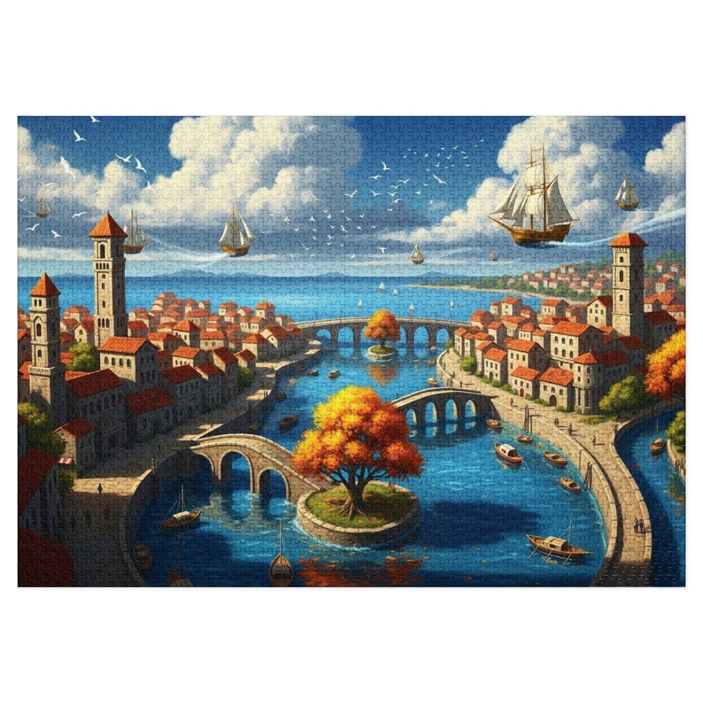 Floating Ships Over the Canal City, Coastal Town, Sailing Ships & Bridge Jigsaw Puzzle ✨