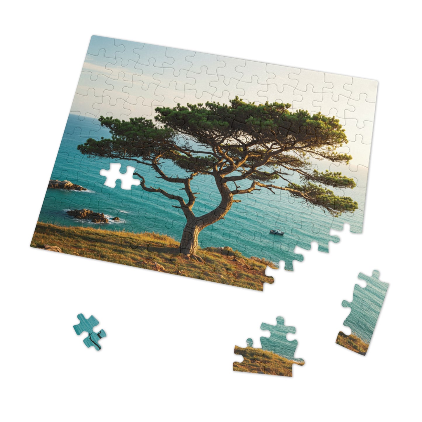Coastal Tree & Ocean View Jigsaw Puzzle (110, 252, 500, 1000, 2000 pcs) – Serene Cliffside Scene in Gift Tin
