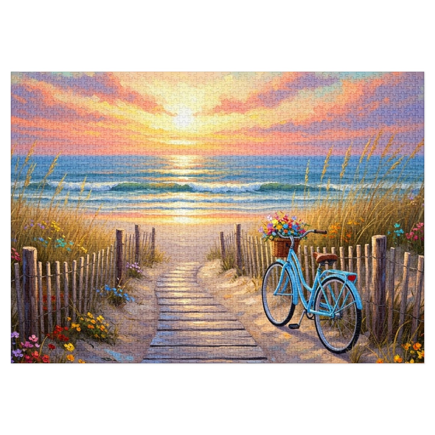 Beach Boardwalk at Sunset Puzzle 🧩 Serene Ocean Landscape Art