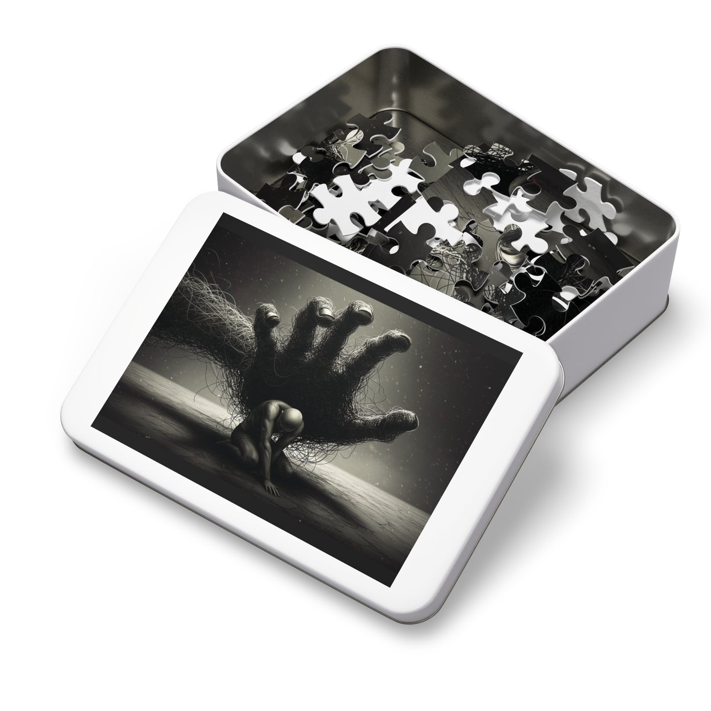 110, 252, 500, 1000, 2000 Dark Abstract Wire Hand Jigsaw Puzzle, Tangled Hand and Kneeling Figure, Oppression and Chaos Puzzle