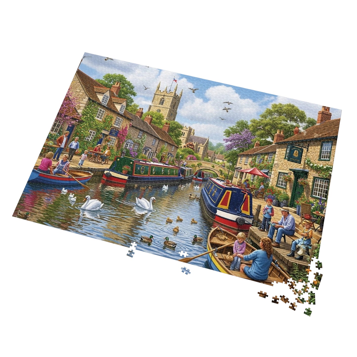 Canal Village Jigsaw Puzzle with Boats Swans and Cottages