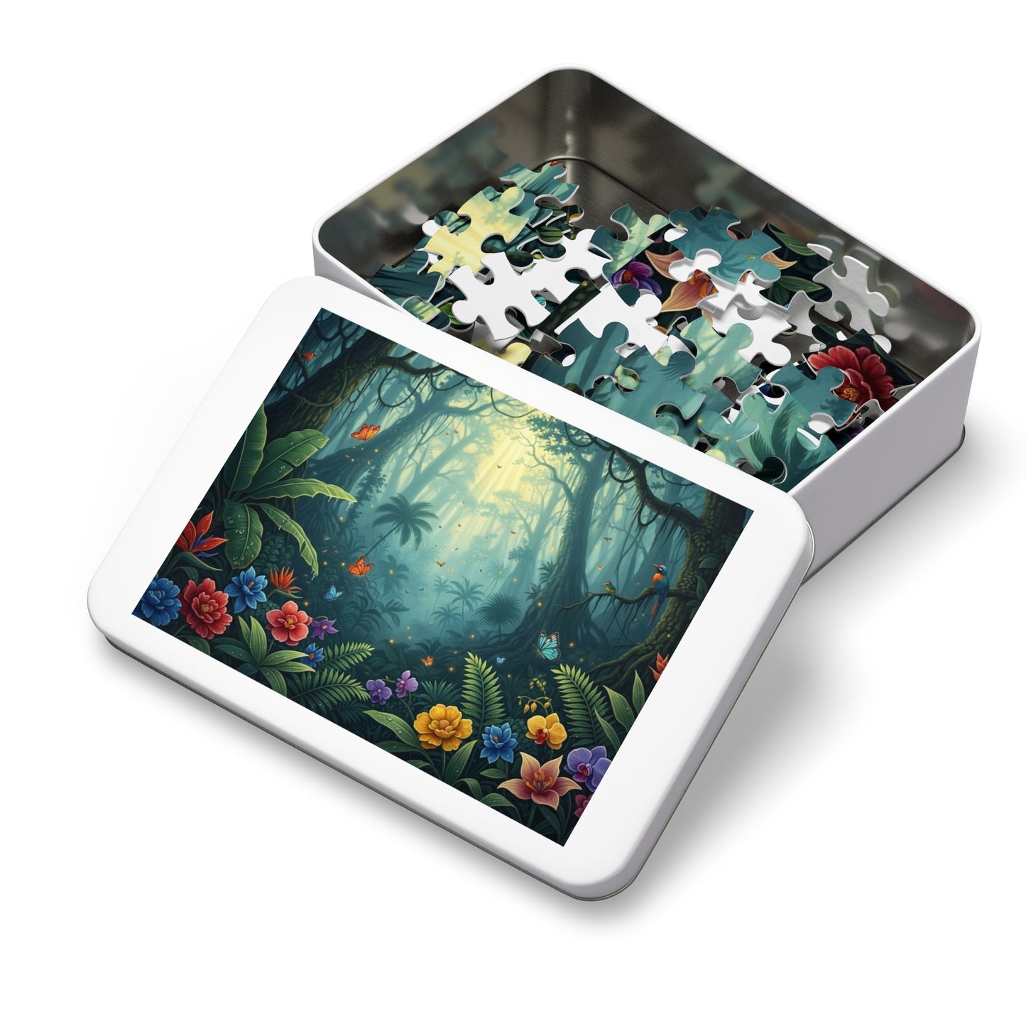 Enchanted Tropical Forest Puzzle with Butterflies, Exotic Flowers and Golden Light