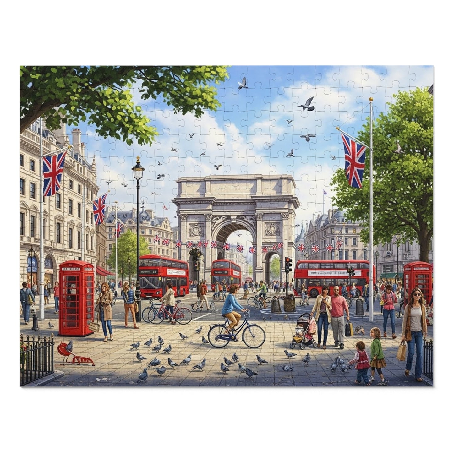 Historic London Arch Jigsaw Puzzle with Red Buses Cyclists and Crowds