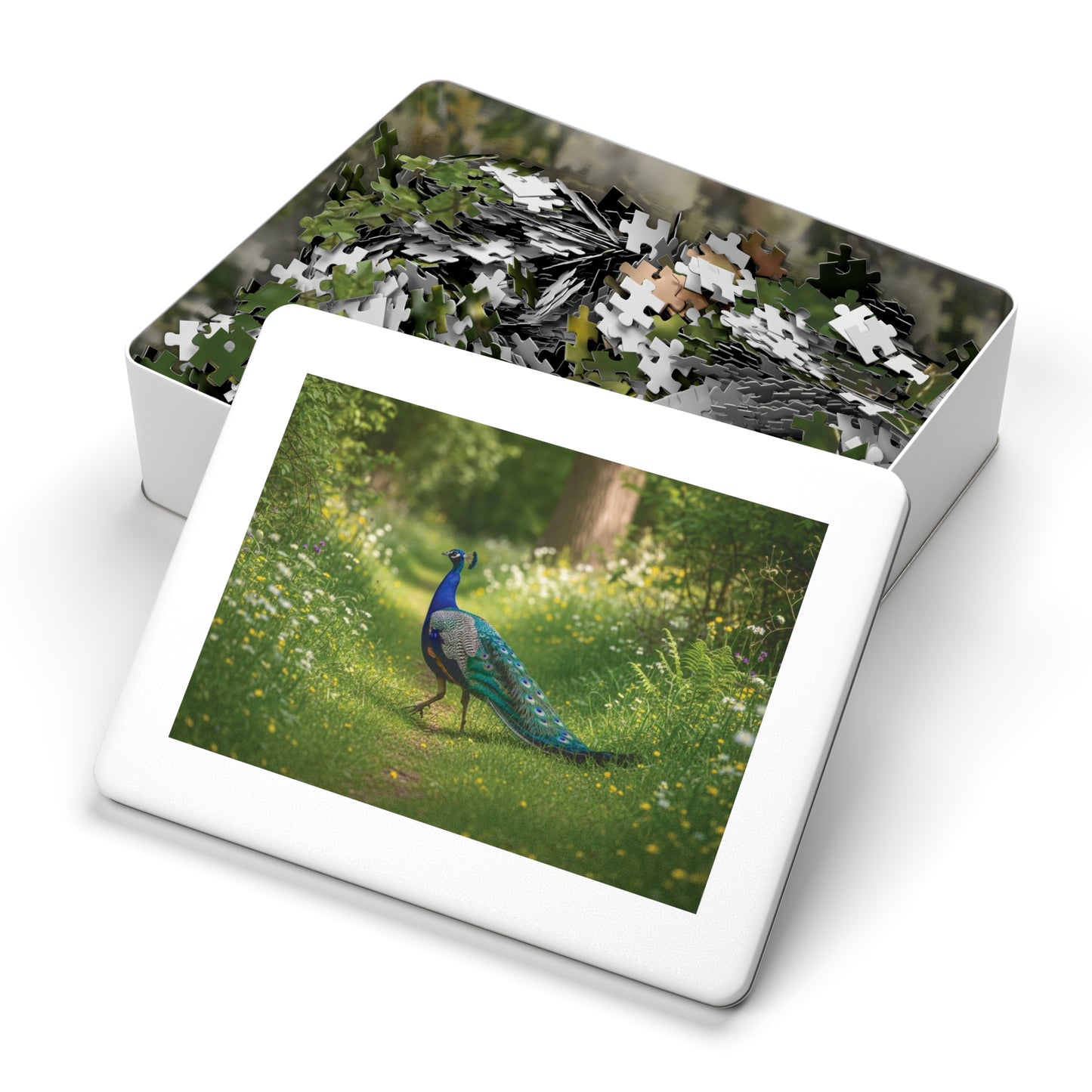 Peacock in Wildflower Garden Jigsaw Puzzle (with Tin) — 500-Piece Nature Puzzle Gift